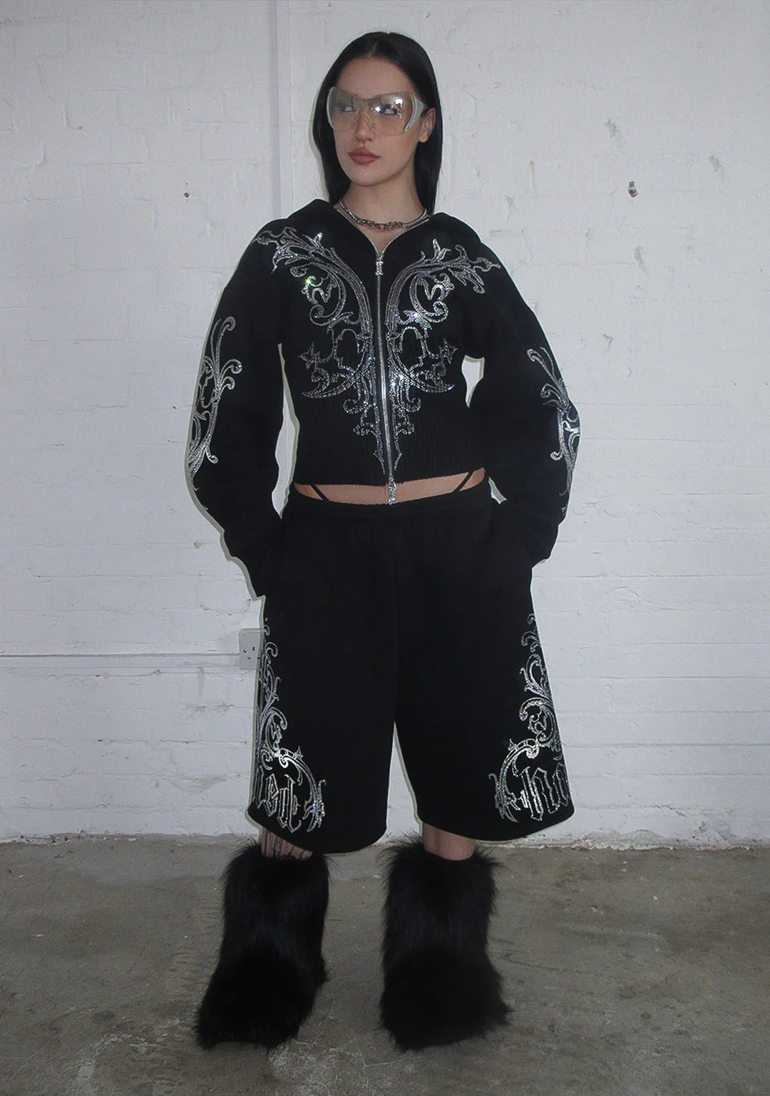 NOCTURNAL RHINESTONE FITTED WAIST ZIP HOODIE BLACK - Image 2