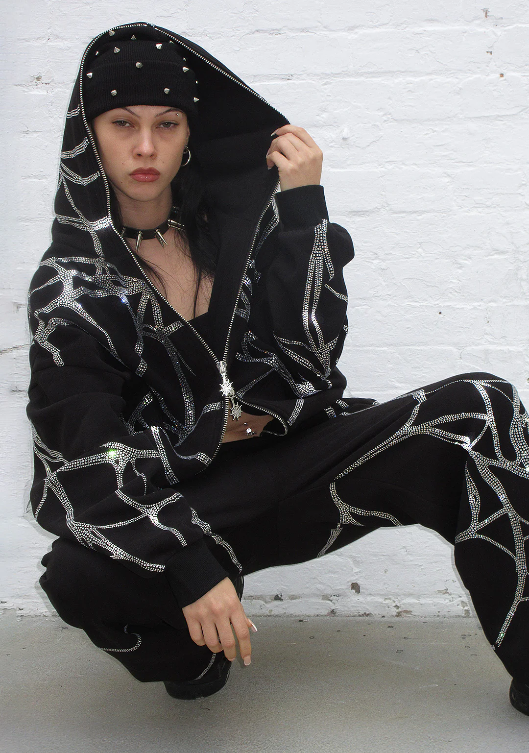 POISON RHINESTONE ZIP HOODIE BLACK - Image 7