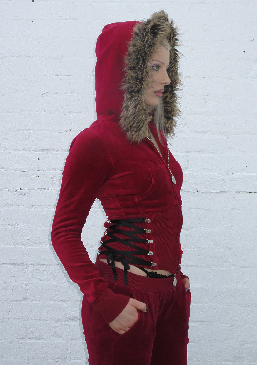 REBEL FAUX FUR VELOUR ZIP HOODIE DARK RED (DETACHABLE FUR) - Image 4