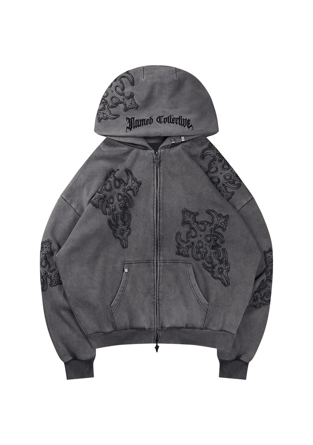 SINNER STUDDED ZIP HOODIE GREY VINTAGE WASH