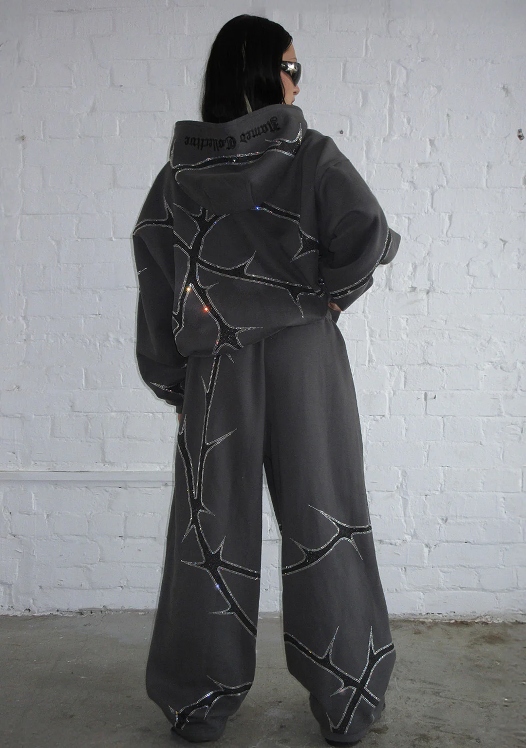 THORN RHINESTONE ZIP HOODIE CHARCOAL - Image 3