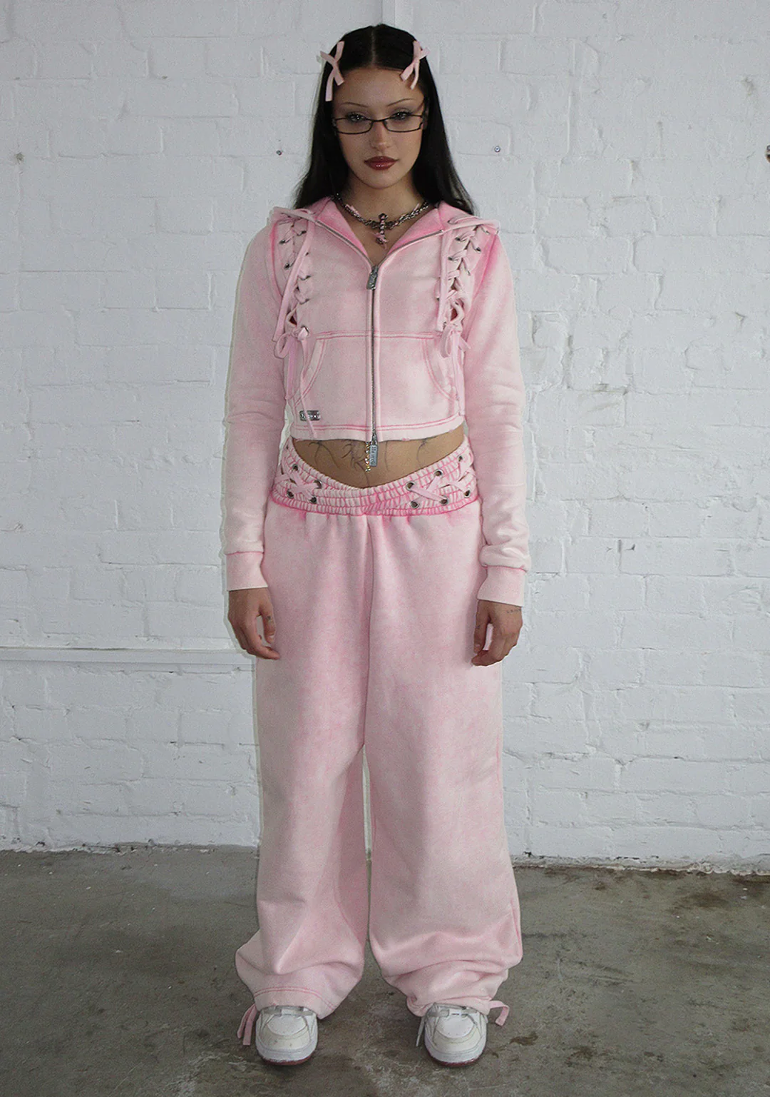 VENDETTA LACE UP FITTED ZIP HOODIE WASHED BABY PINK - Image 2